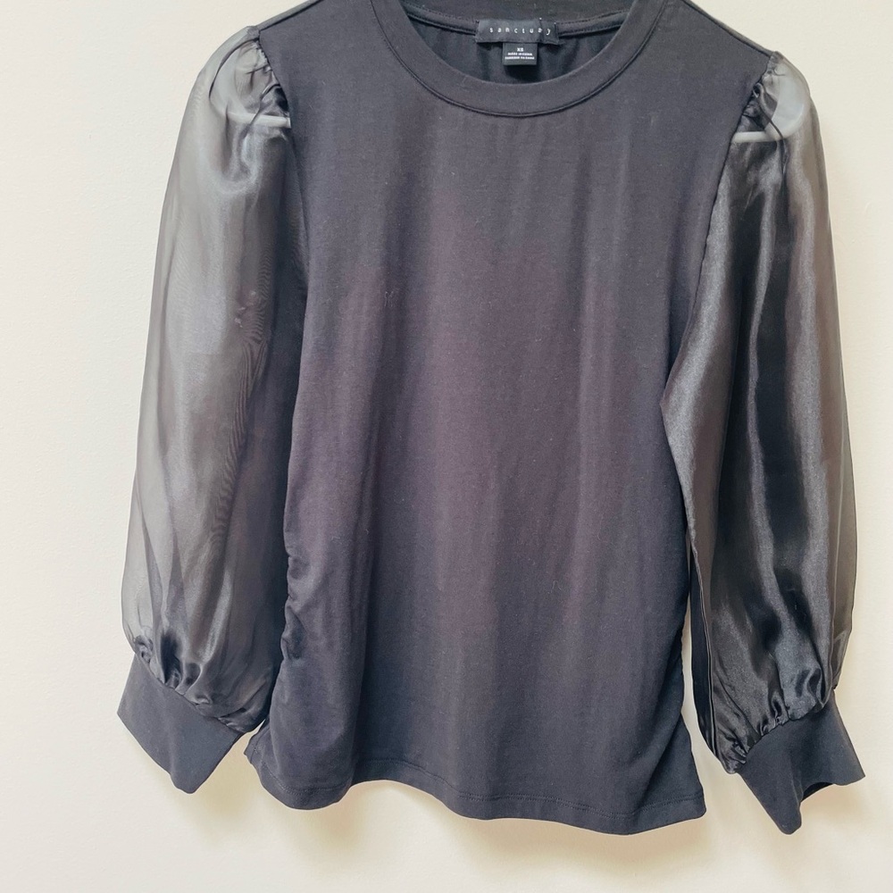 Sanctuary Gray Puff Sleeve Sheer Blouse